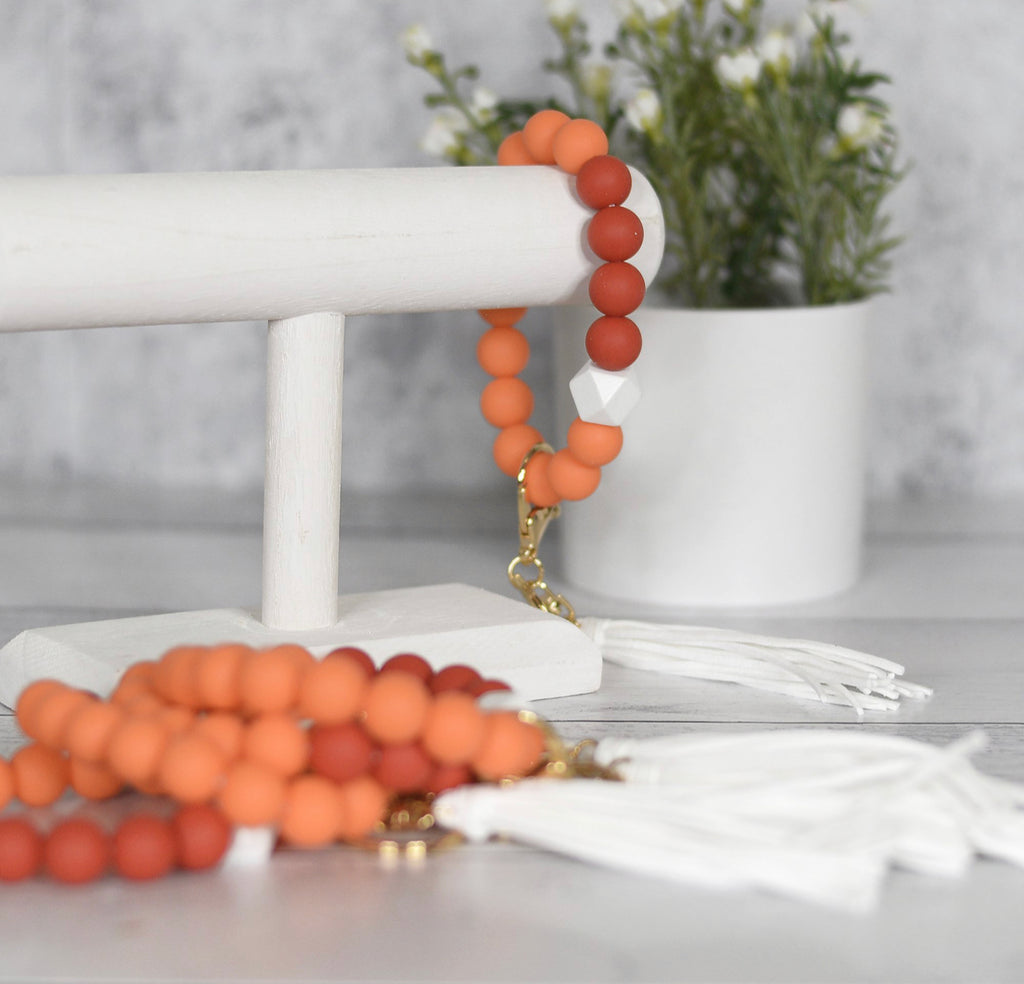 Natural Wood Red/Orange Beaded Keyring