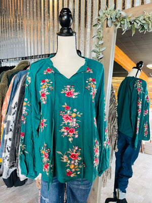 Walk The Line Teal Embroidery Top