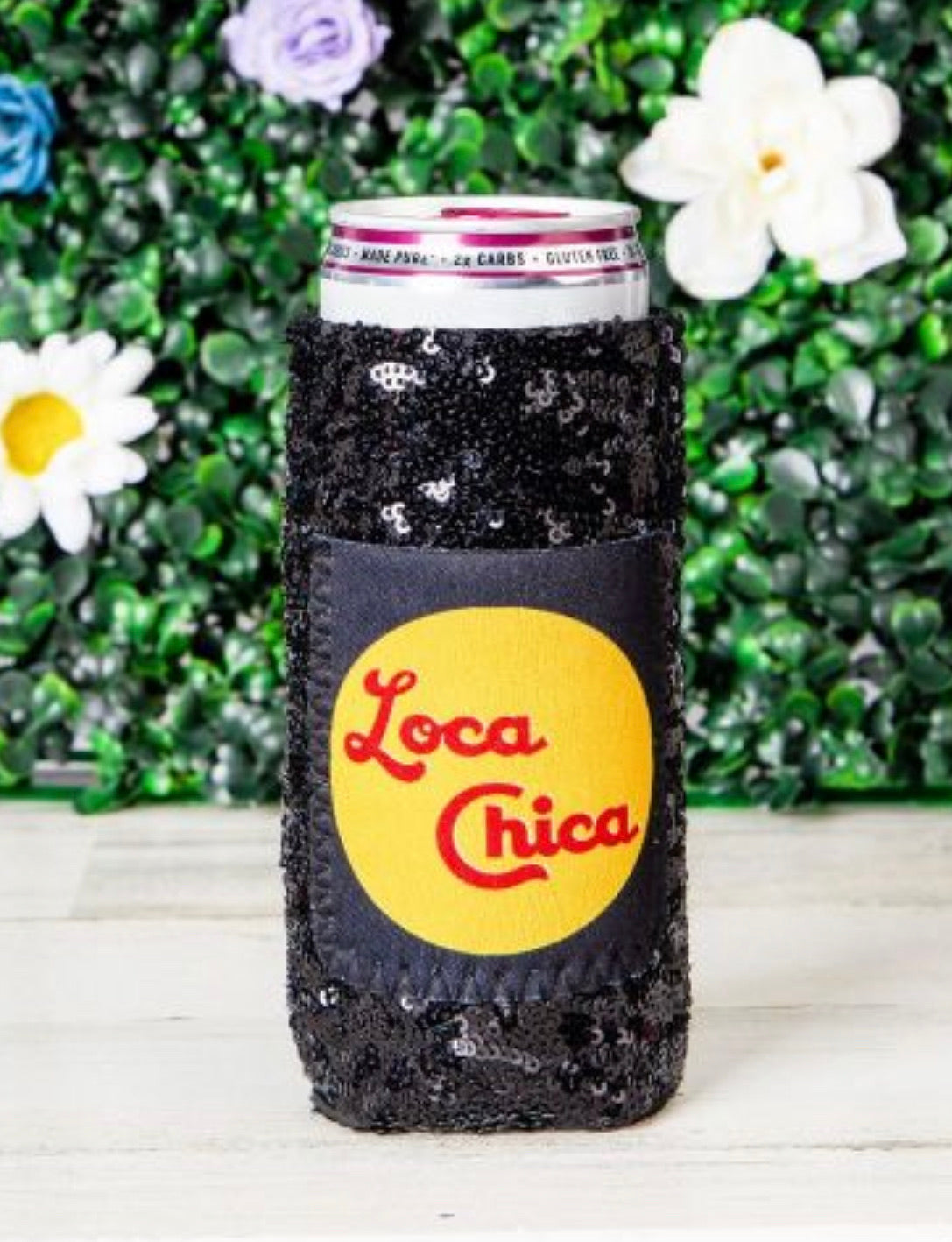 Peachy Keen Loca Chica Black Sequin Can Coolers For Slim Can