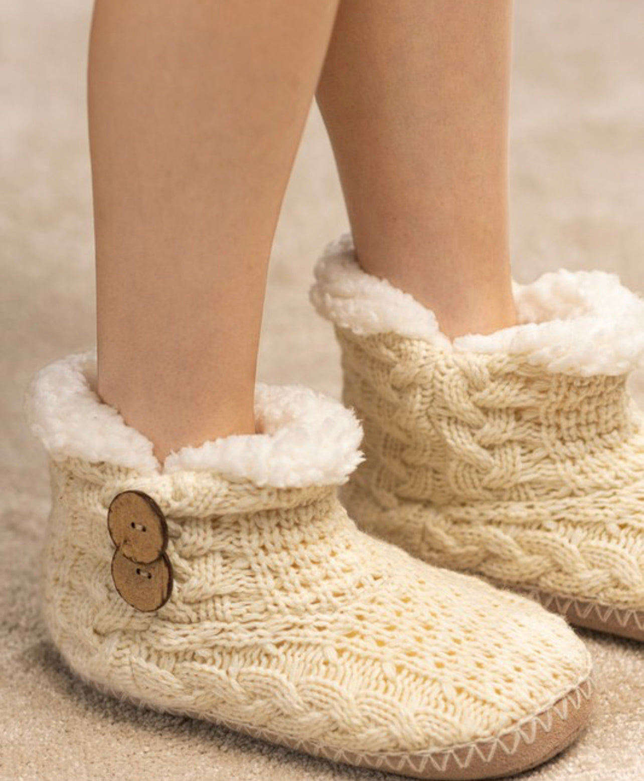 Hand Knitted Coconut Button Cream Knit Slippers