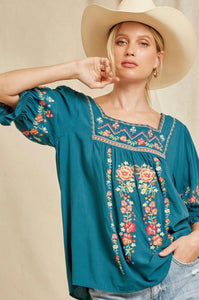 Wildflower Embroidery Top Teal